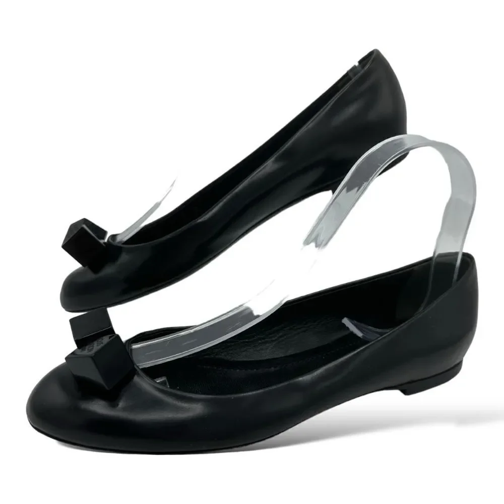 LOUIS VUITTON BLACK All Leather Ballet Flats w/Logo Cube Accents Sz 7US 37.5 EUR